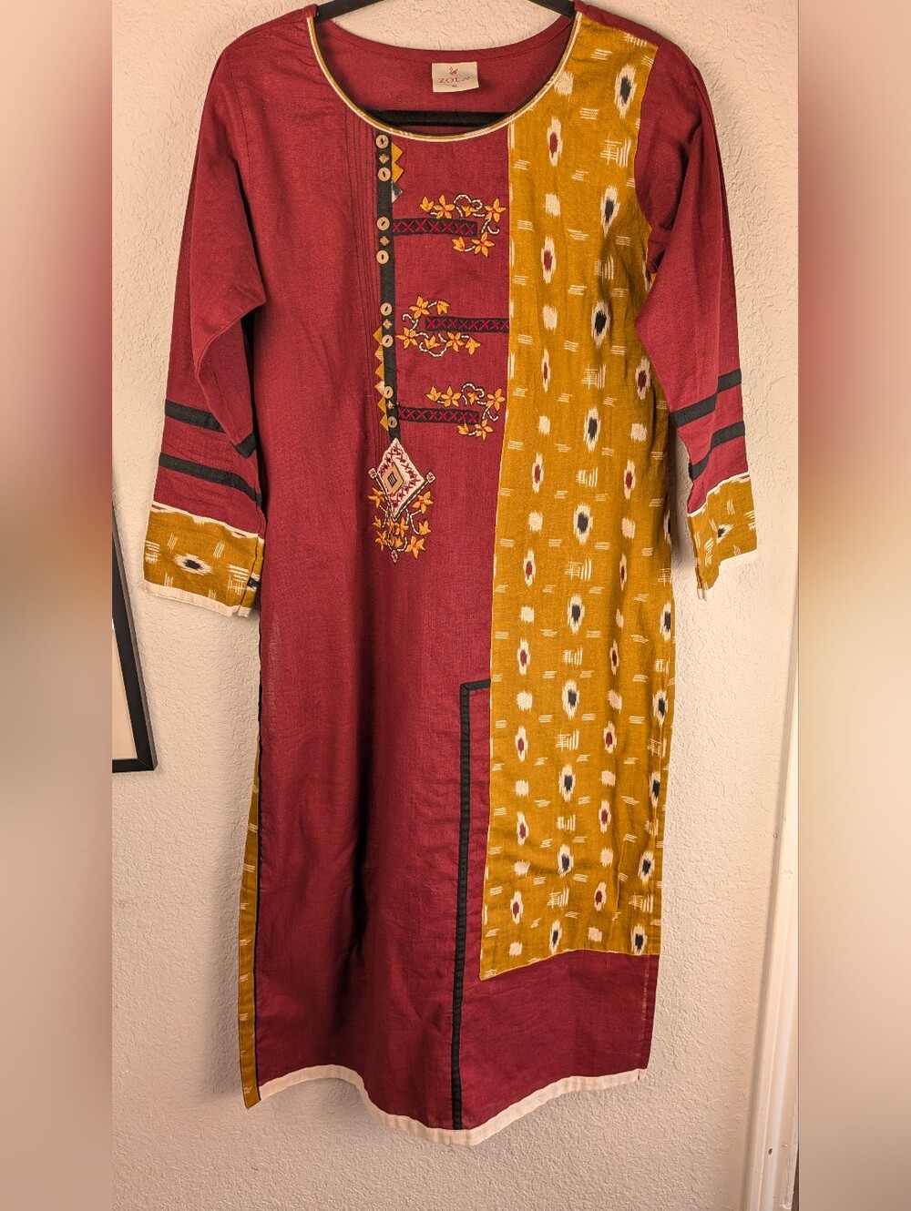 Zola XL Kurta Gorgeous Burgundy and Gold Woven Fabric With Wood and Metal